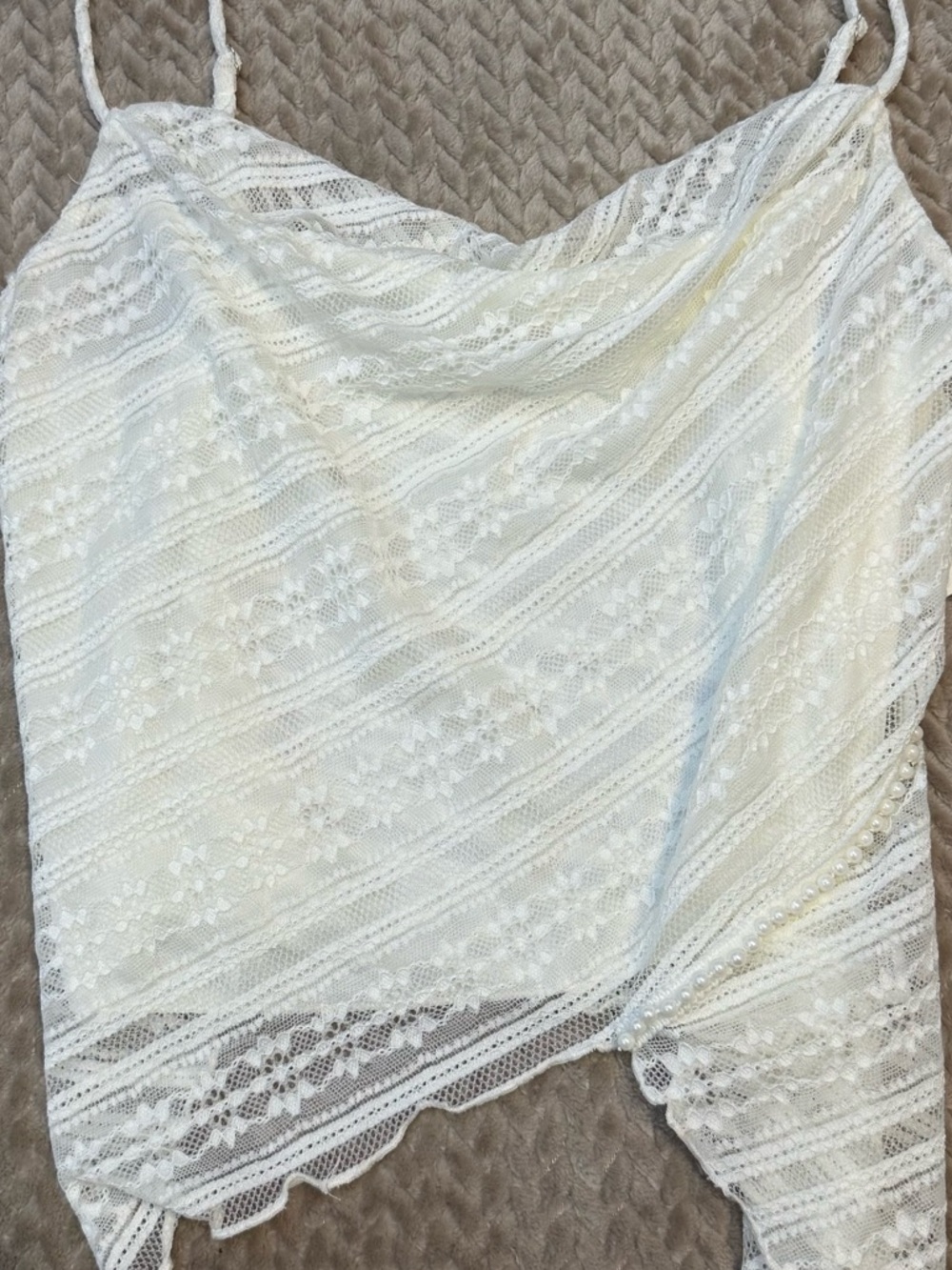 SOLD Lace Camisole XL Ivory Pearl Trim Asymmetrical Y2K Coquette Top - Picture 5 of 12